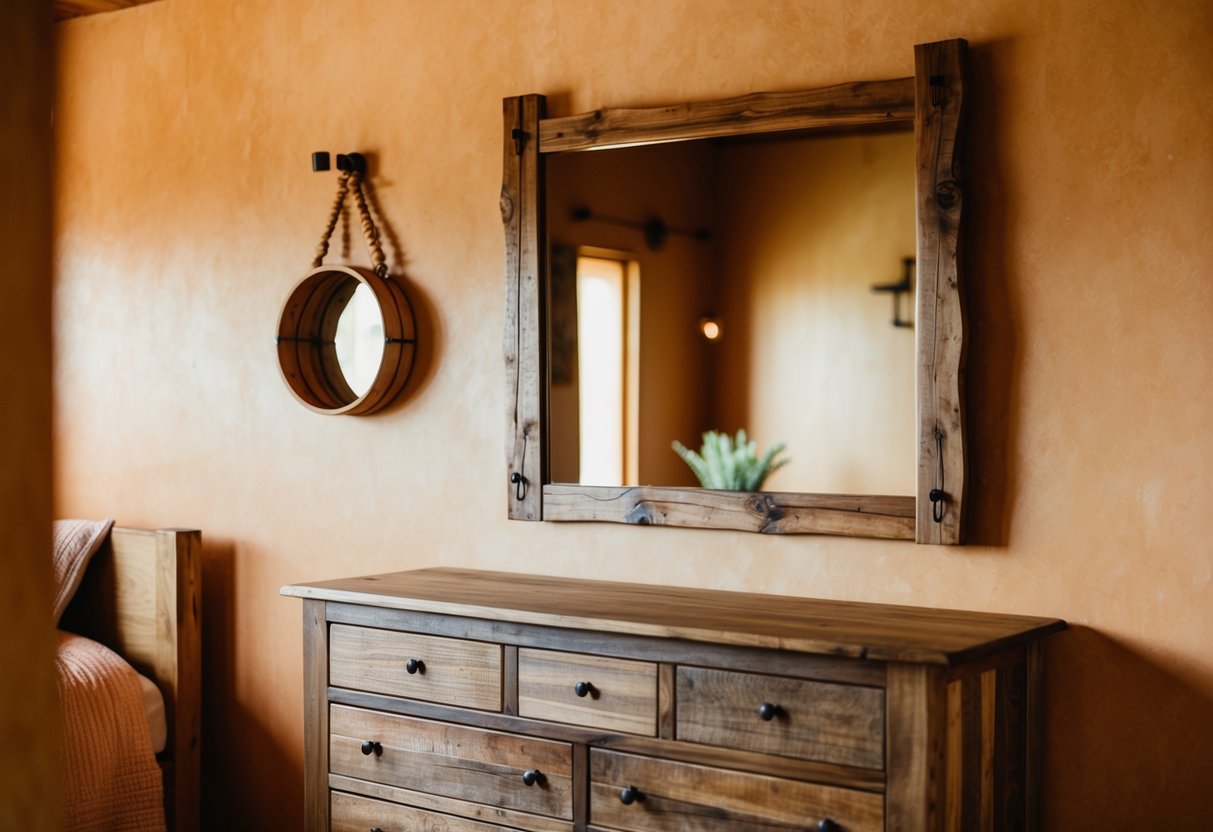 A handcrafted wooden mirror hangs above a rustic dresser in a cozy, earth-toned bedroom. The warm, natural colors of the room create a serene and inviting atmosphere