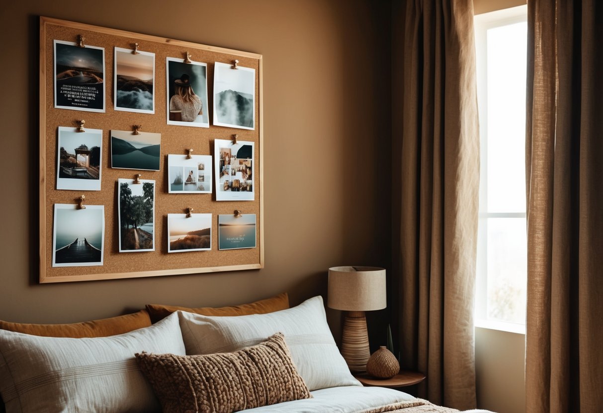 A cork bulletin board hangs on a wall in an earthy bedroom, adorned with 18 inspirational images and ideas. The room features warm, natural tones and cozy textures