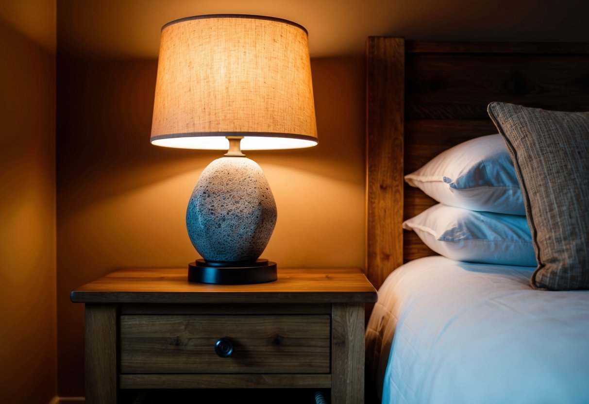 A stone table lamp sits atop a wooden bedside table in a cozy, earth-toned bedroom. The warm glow from the lamp illuminates the room, creating a tranquil and inviting atmosphere