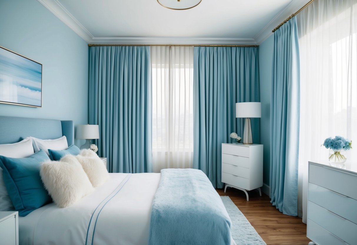 A bedroom with a soft blue and white color scheme, featuring a cozy bed with fluffy pillows, a sleek dresser, and a large window with billowing curtains