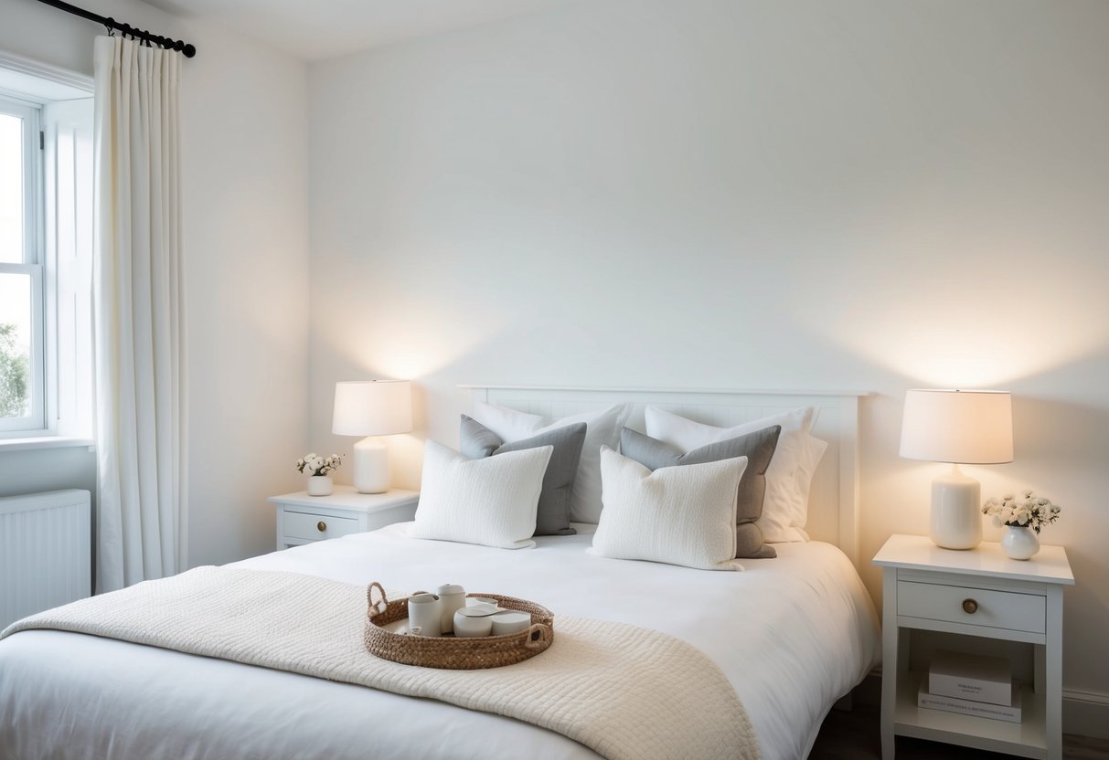 A serene bedroom with white walls, soft lighting, and minimalistic furniture. A cozy bed with white bedding and a few decorative accents in shades of white and cream