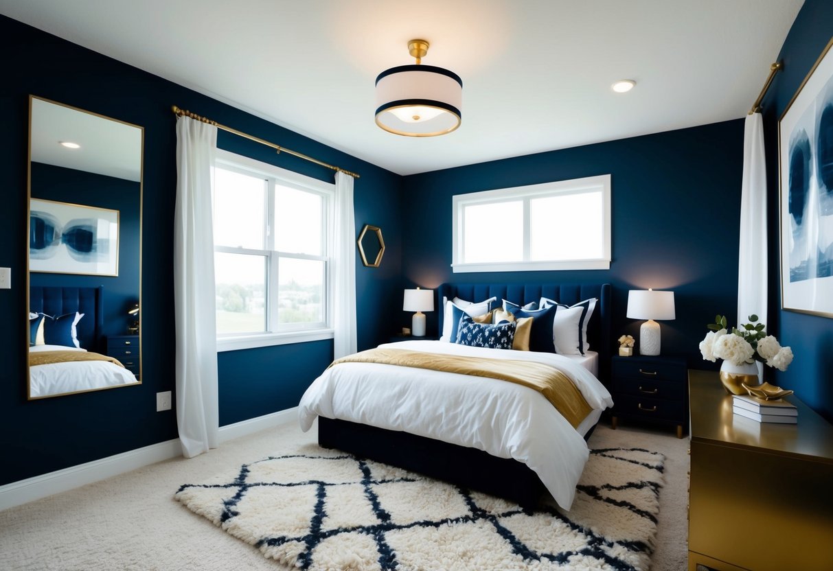 A cozy bedroom with navy blue walls, crisp white bedding, and accents of gold and navy throughout. A large window lets in natural light, and a plush area rug adds warmth to the space