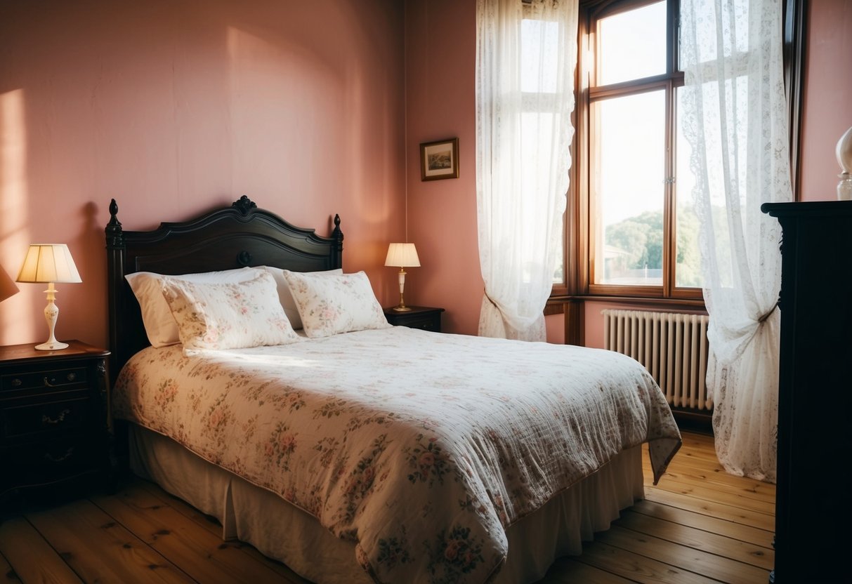 A cozy vintage bedroom with rose-colored walls, dark wooden furniture, and soft, floral-patterned bedding. Sunlight streams in through lace curtains, casting a warm glow over the room