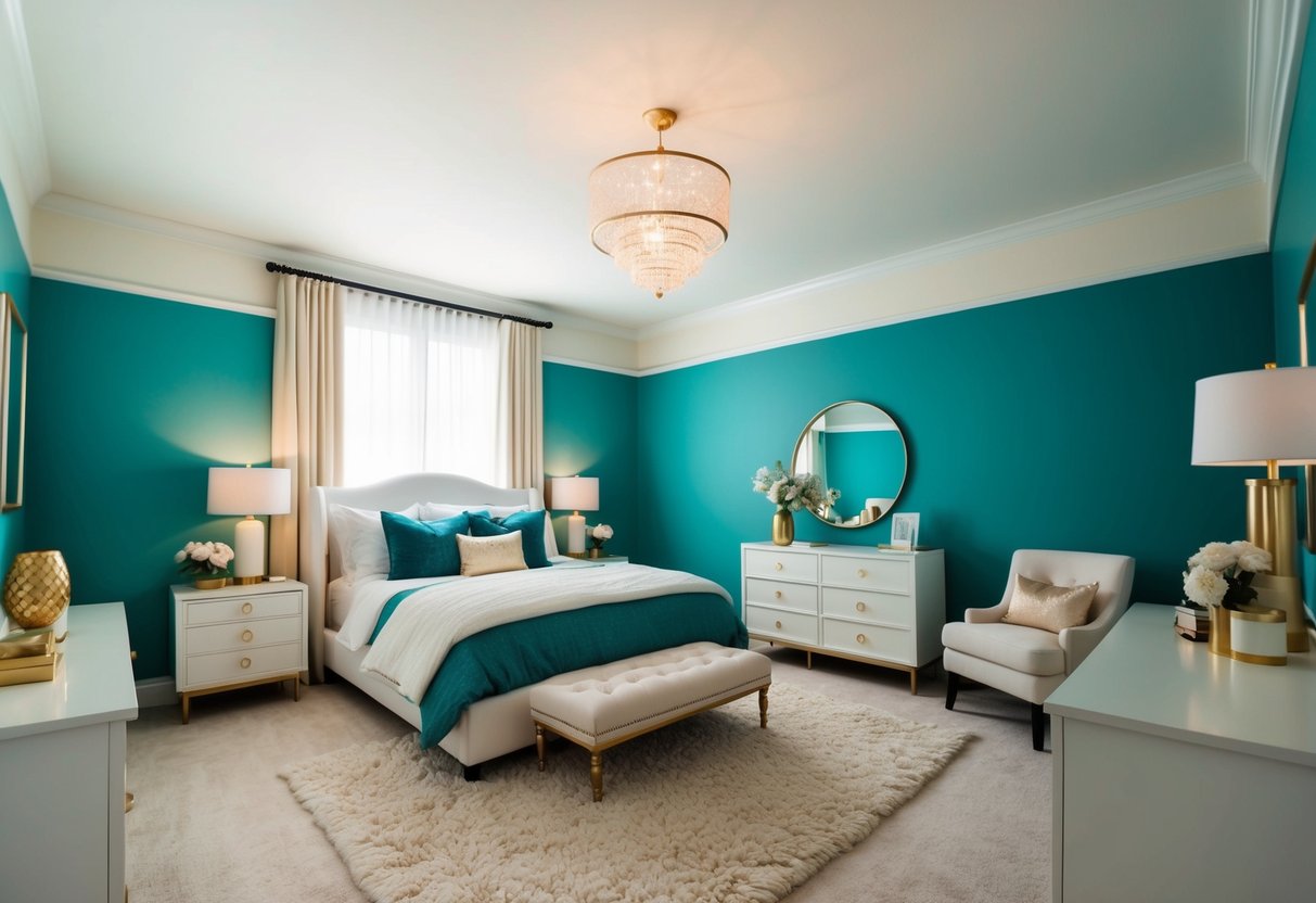 A serene bedroom with teal walls, white furniture, and accents of gold and cream. A plush rug and soft lighting create a cozy, inviting atmosphere