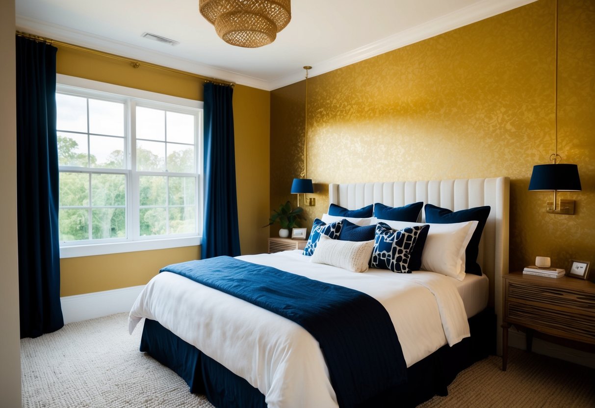 A bedroom with golden honey walls, accented with white and navy blue bedding. A large window lets in natural light, illuminating the room