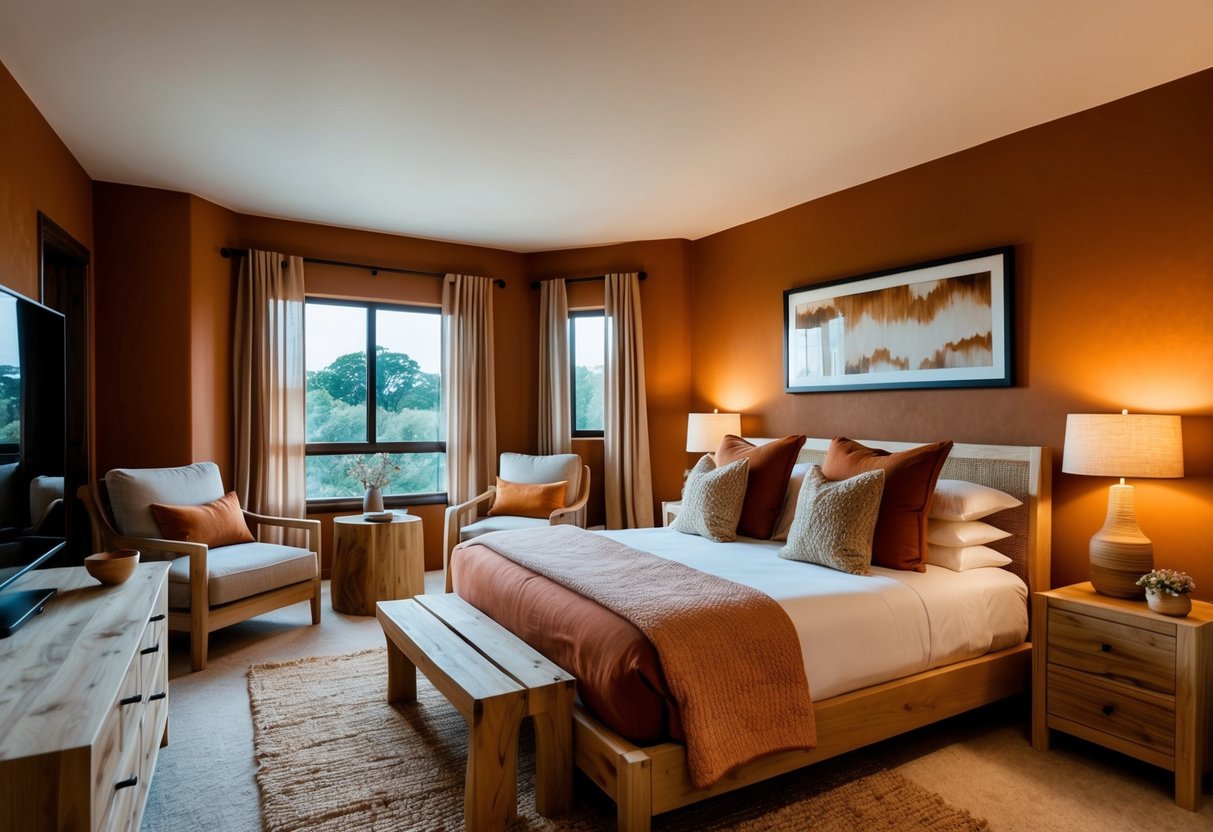 A cozy bedroom with terracotta-colored walls, earthy-toned bedding, and natural wood furniture. Warm lighting creates a tranquil atmosphere