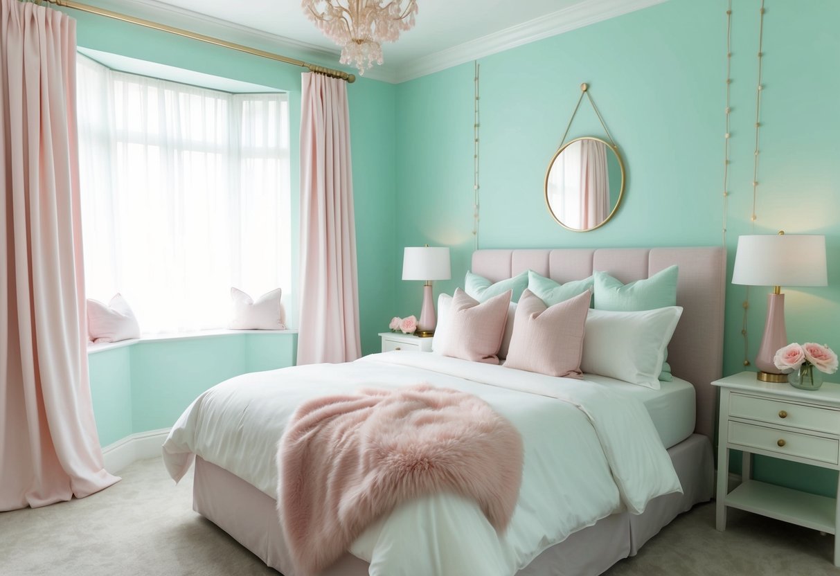 A serene bedroom with pastel mint walls, accented with soft white and pale pink decor. A cozy bed with plush pillows and a fluffy throw blanket completes the tranquil scene