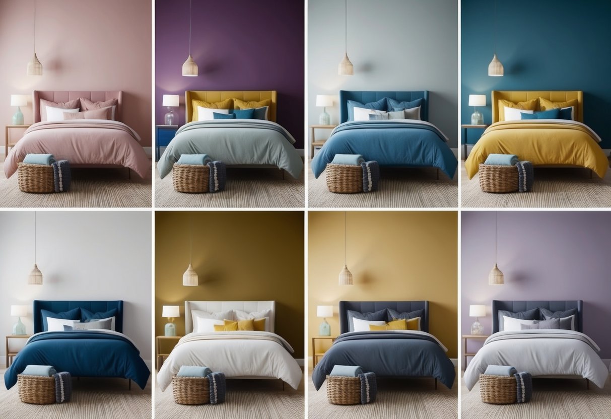 A bedroom with a variety of color schemes, including complementary, monochromatic, and analogous combinations. The room features different furniture and decor in each color scheme to showcase effective color combinations