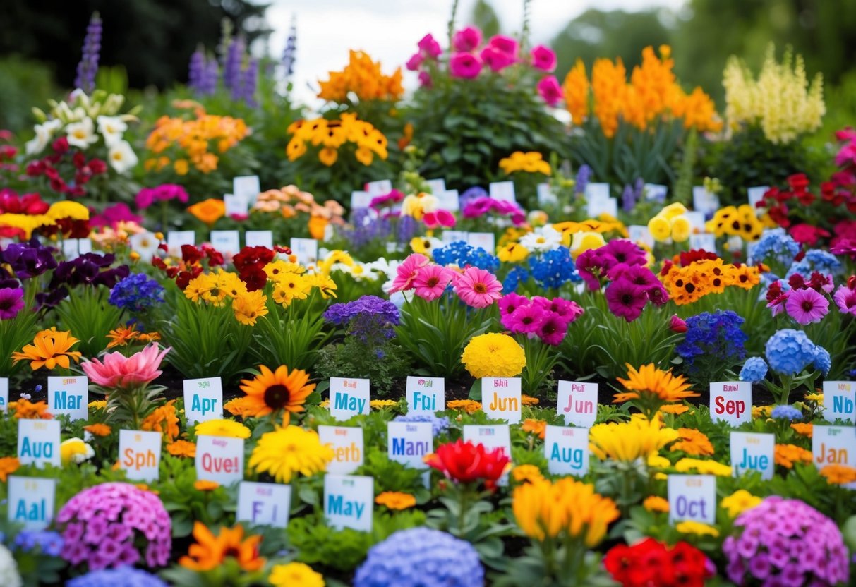 A garden bursting with various flowers representing birth months, arranged in a vibrant and colorful display