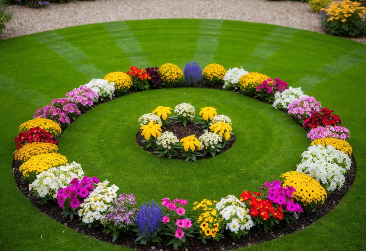 A garden with various flowers blooming, each representing a different month, arranged in a circular pattern to symbolize the historical significance of birth flowers