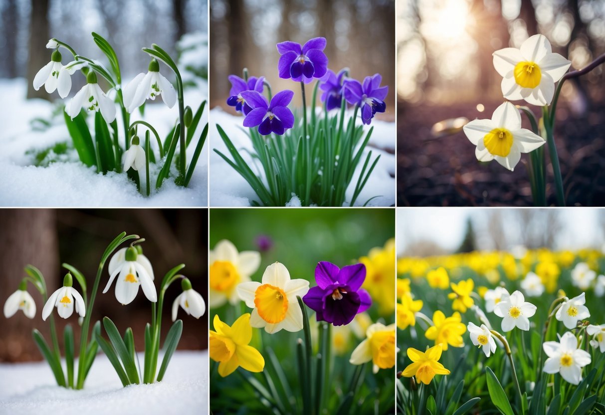 January: Snowdrops and carnations in a snowy woodland setting. February: Violets and primroses blooming in a cozy garden. March: Daffodils and cherry blossoms in a sunny meadow