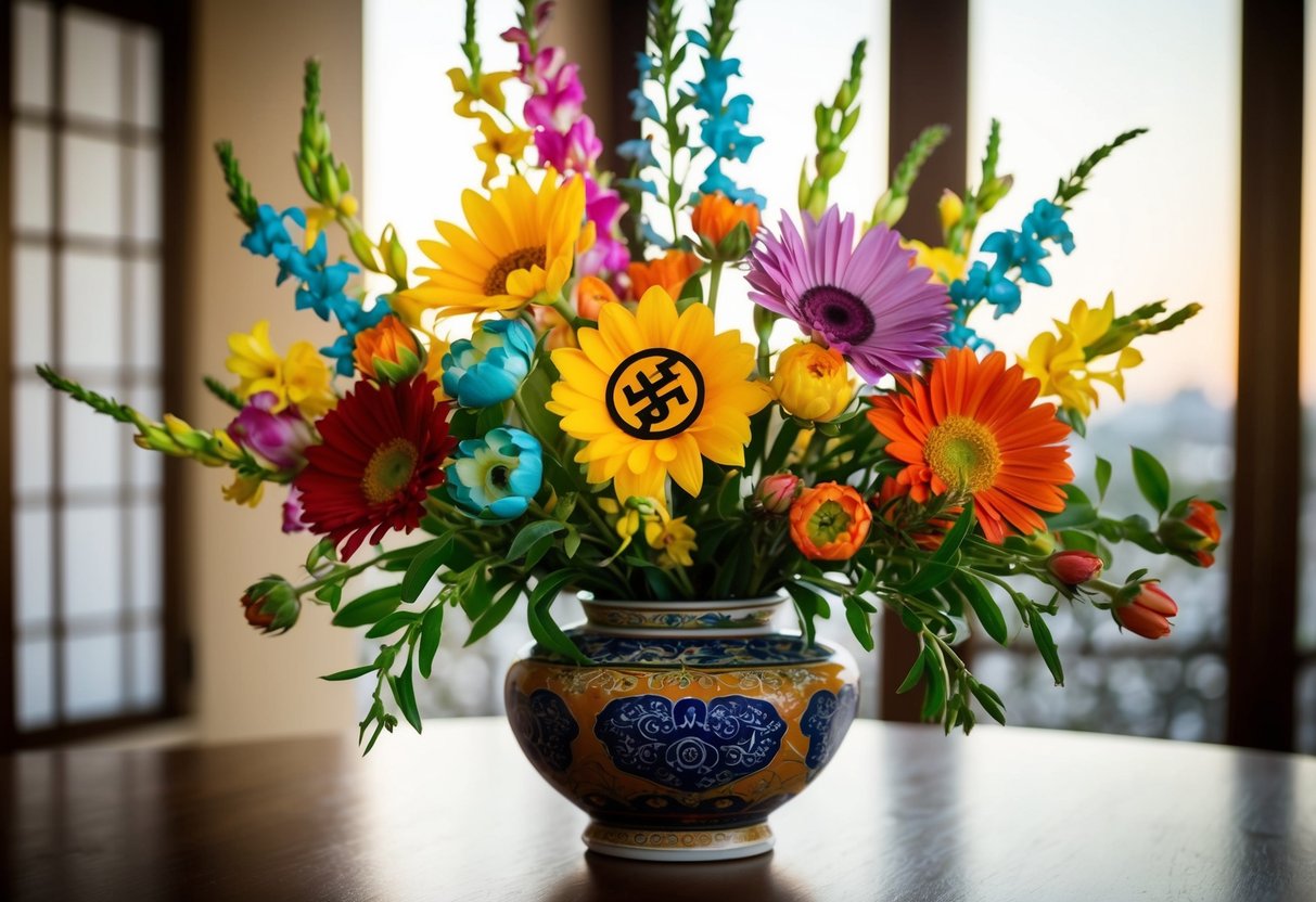 A colorful bouquet of flowers arranged in a traditional vase, with symbols of different cultures intertwined in the petals and stems