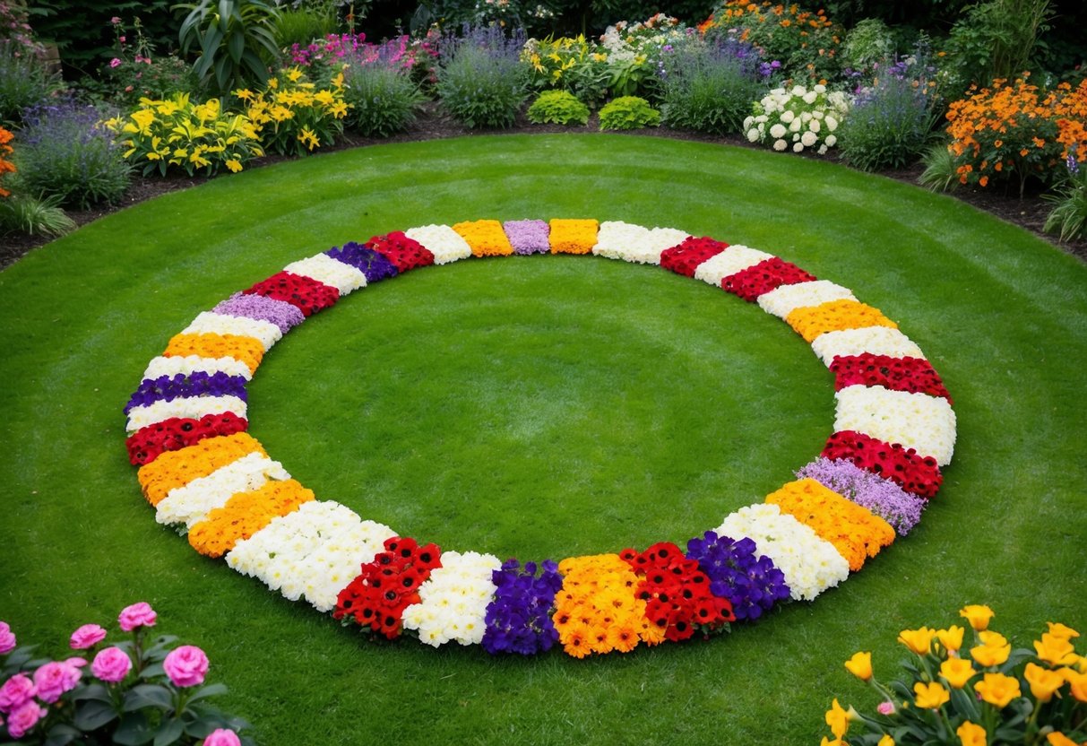 A garden with various birth flowers arranged in a circular pattern, surrounded by lush greenery and colorful blooms