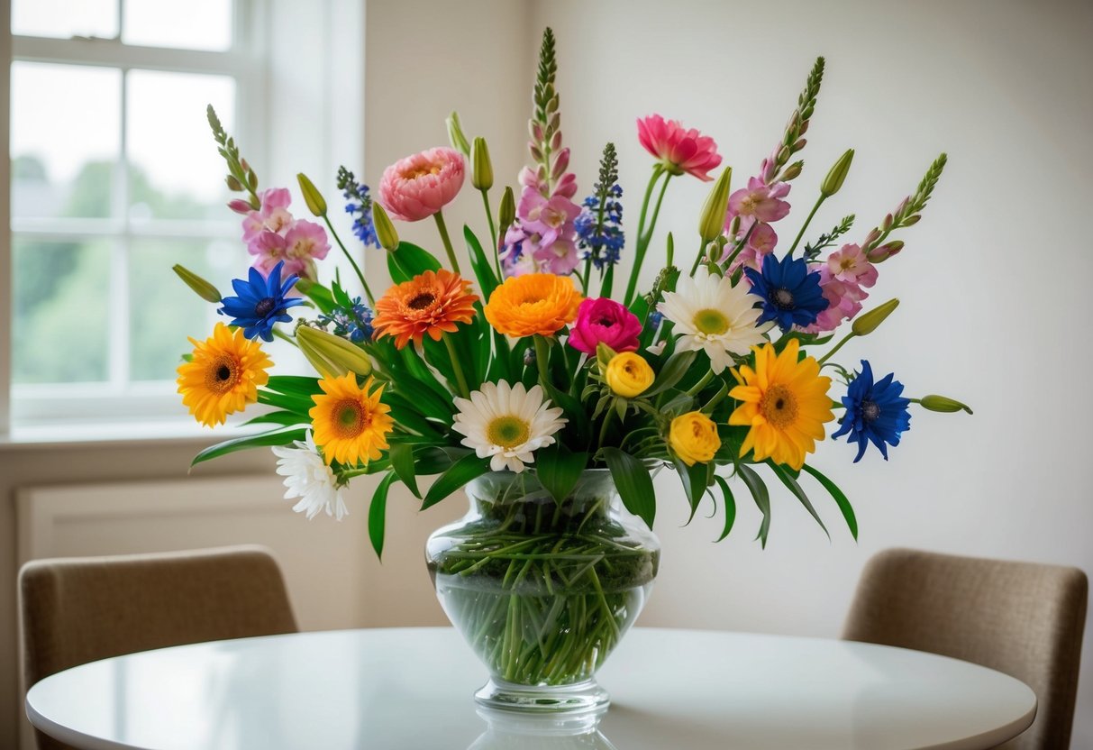 A vase filled with various birth flowers arranged in a harmonious display, sitting on a table in a well-lit room