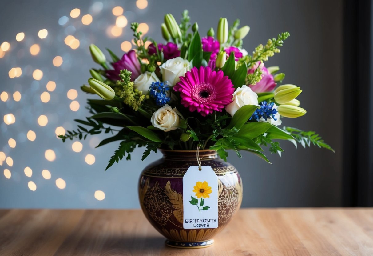 A bouquet of flowers arranged in a decorative vase, with a tag indicating the birth month flower of the recipient