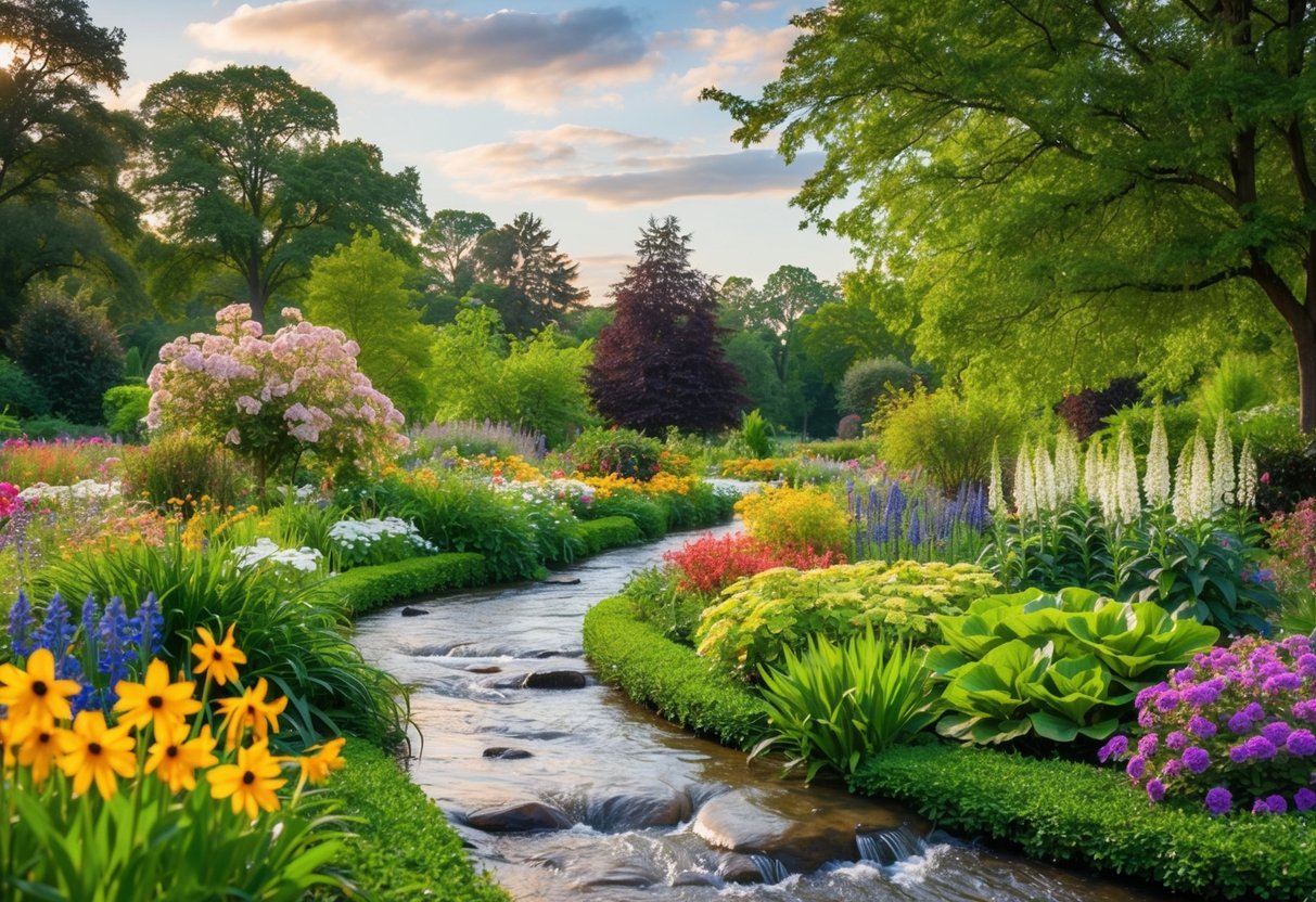 A blooming garden with diverse flowers, a flowing river, and lush greenery symbolizing conservation and sustainability