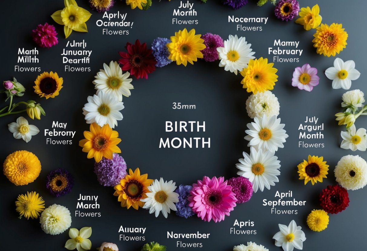 A collection of various flowers arranged in a circular pattern, each labeled with the name of a specific birth month