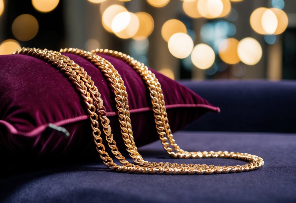 A shimmering gold chain draped over a velvet pillow