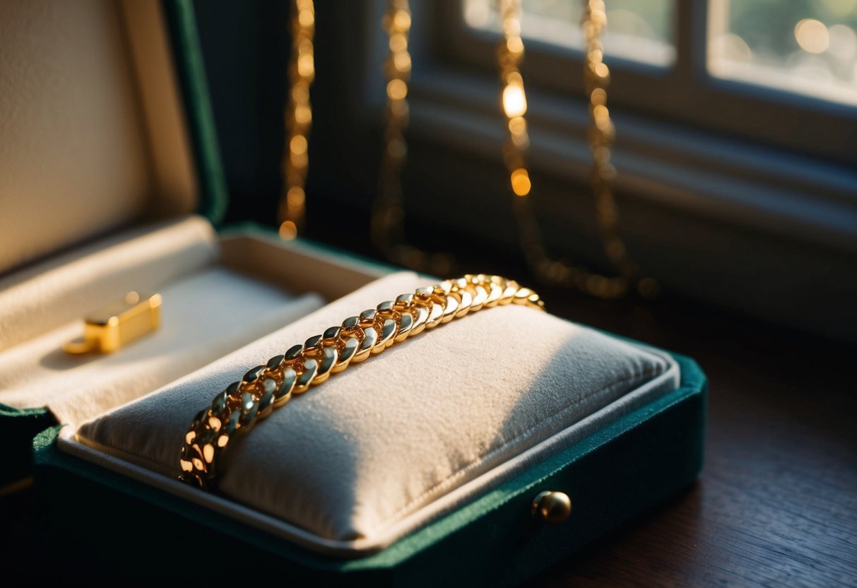 A gold chain lying on a velvet cushion in a dimly lit, ornate jewelry box. Rays of sunlight peek through the window, casting a warm glow on the precious metal