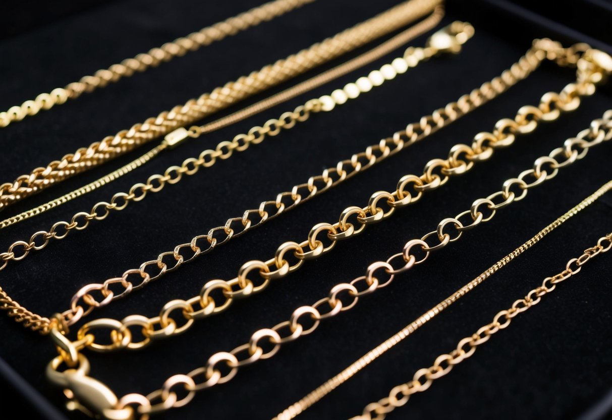 A variety of gold chains arranged on a black velvet background. Different styles and lengths are displayed, showcasing the diversity of gold chain options