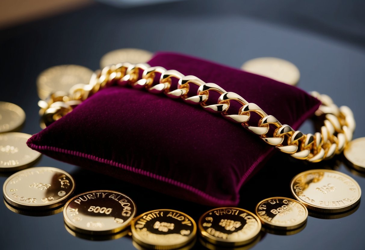 A gleaming gold chain lies on a velvet cushion, surrounded by shining gold alloys and purity markings