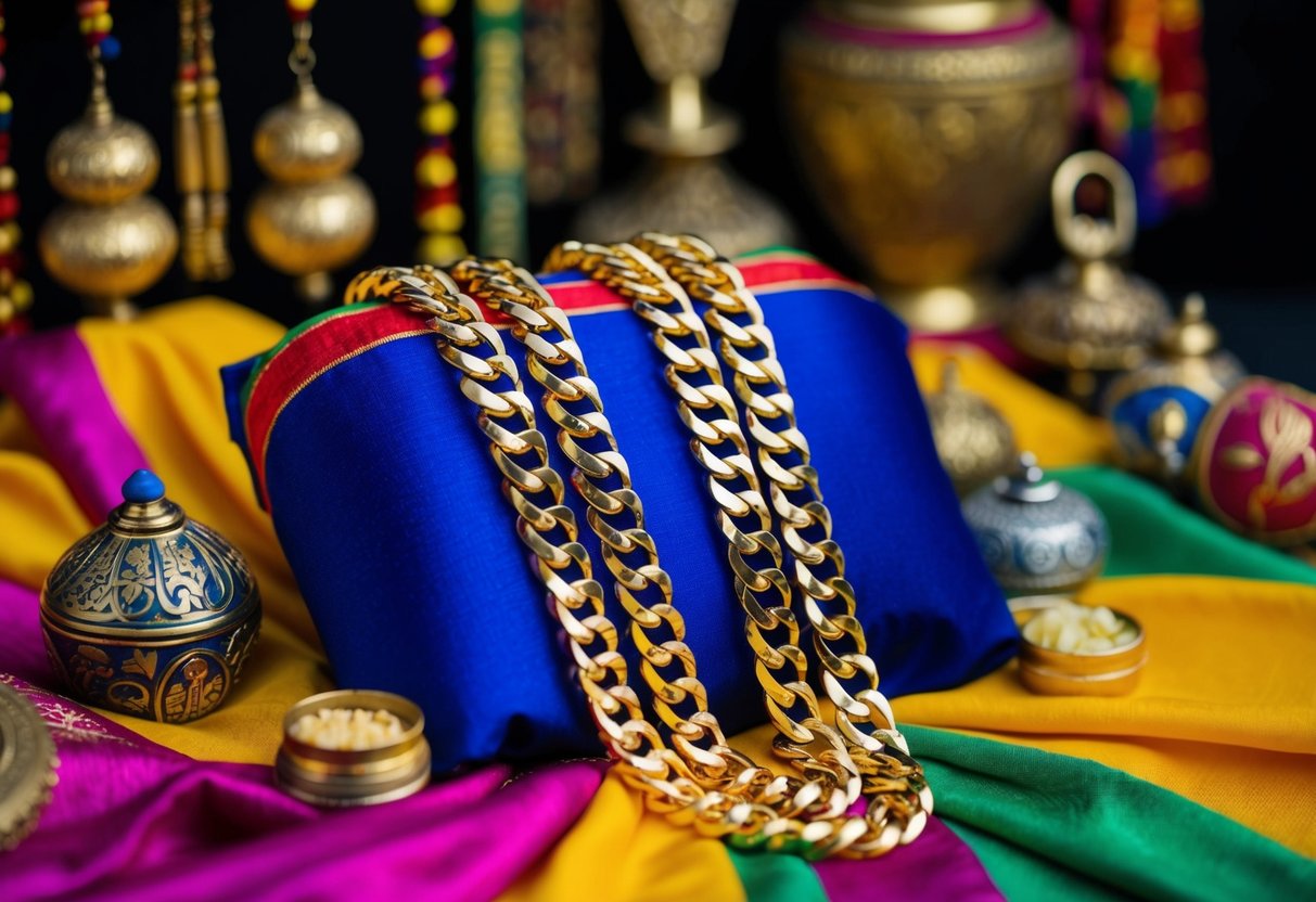 A gold chain draped over a vibrant fabric, surrounded by traditional artifacts and symbols of cultural significance