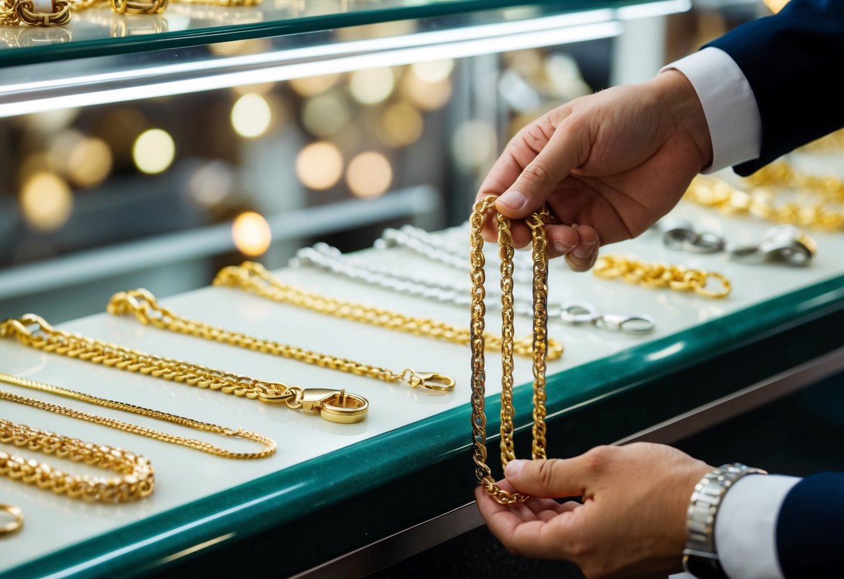 A hand holding a gold chain, with various options displayed on a counter. Different styles, lengths, and thicknesses are available for selection and purchase