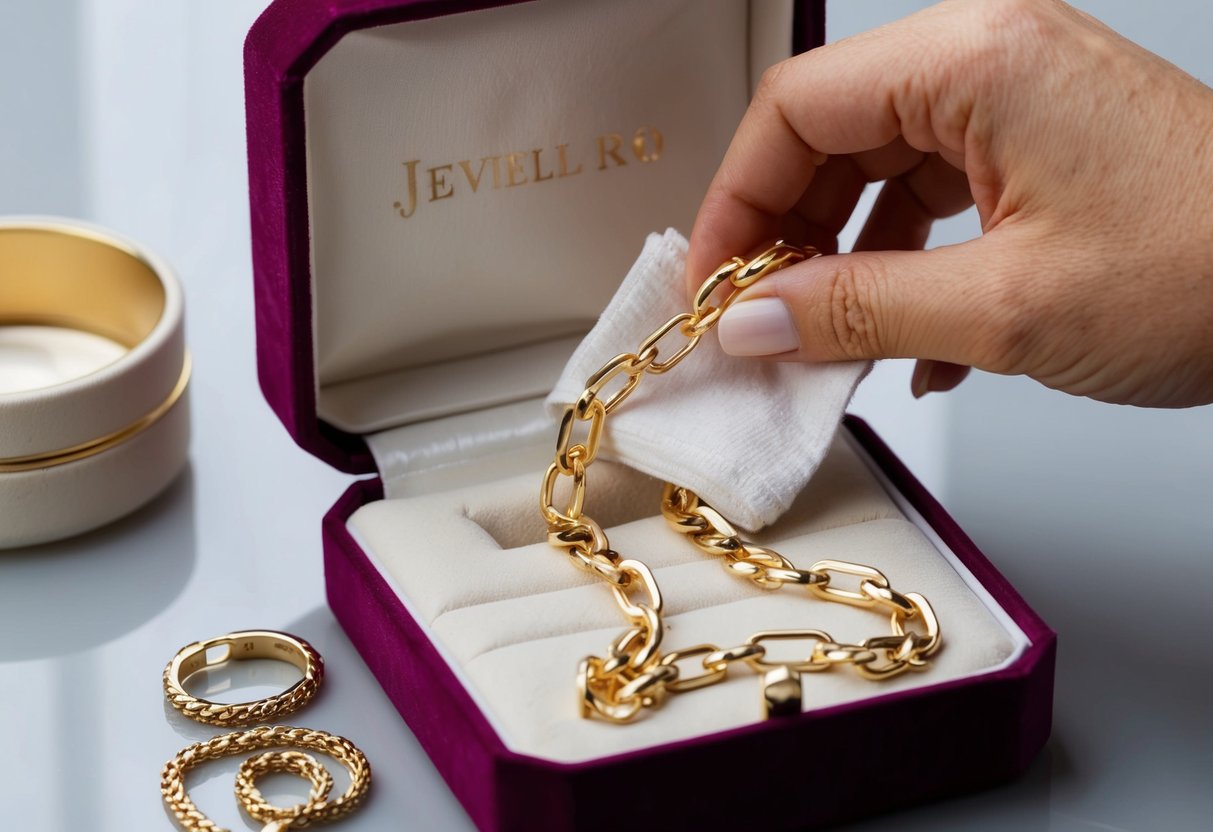 A gold chain being gently cleaned and polished with a soft cloth, then carefully stored in a velvet-lined jewelry box