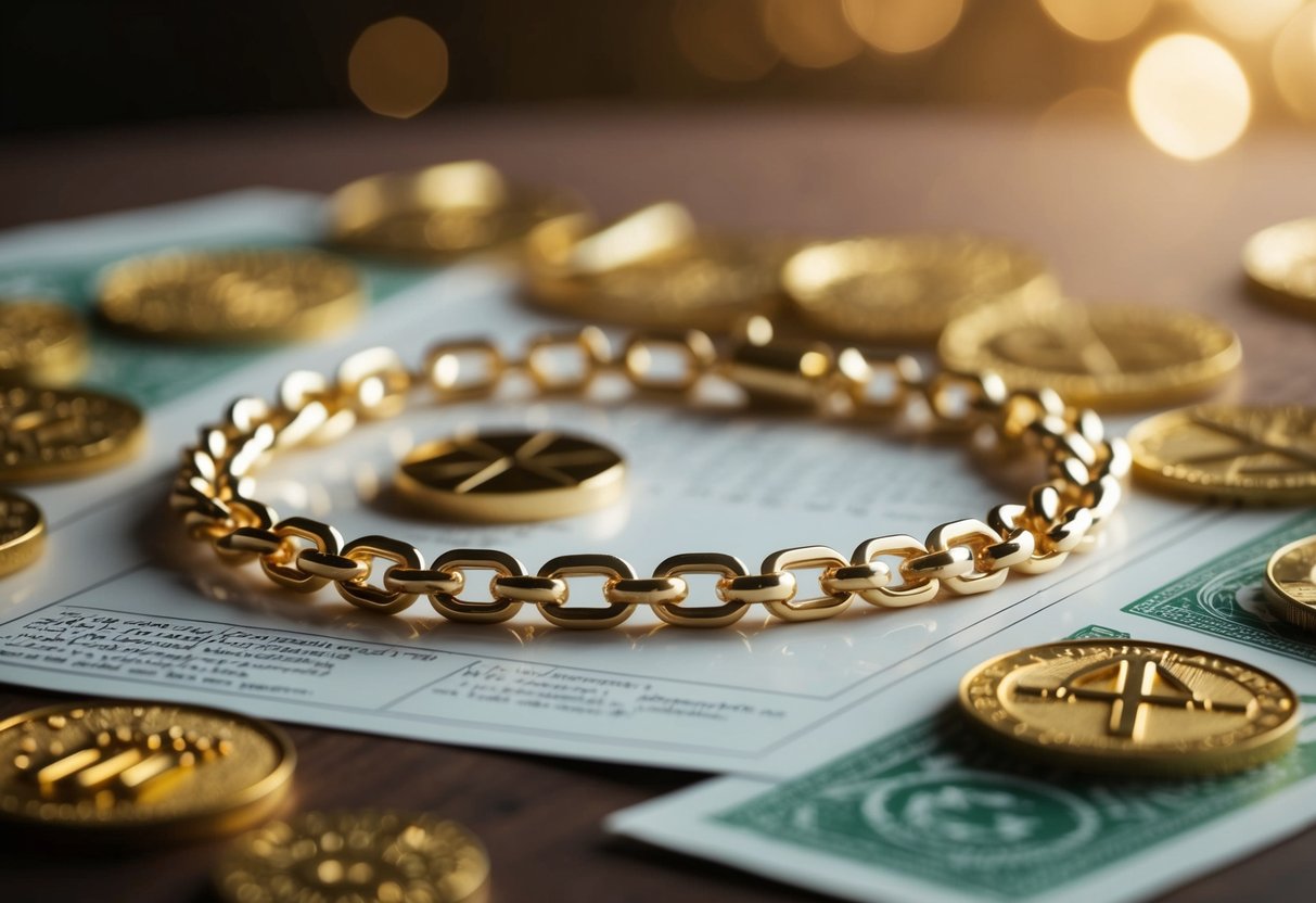 A gold chain lies on a table, surrounded by ethical symbols and considerations