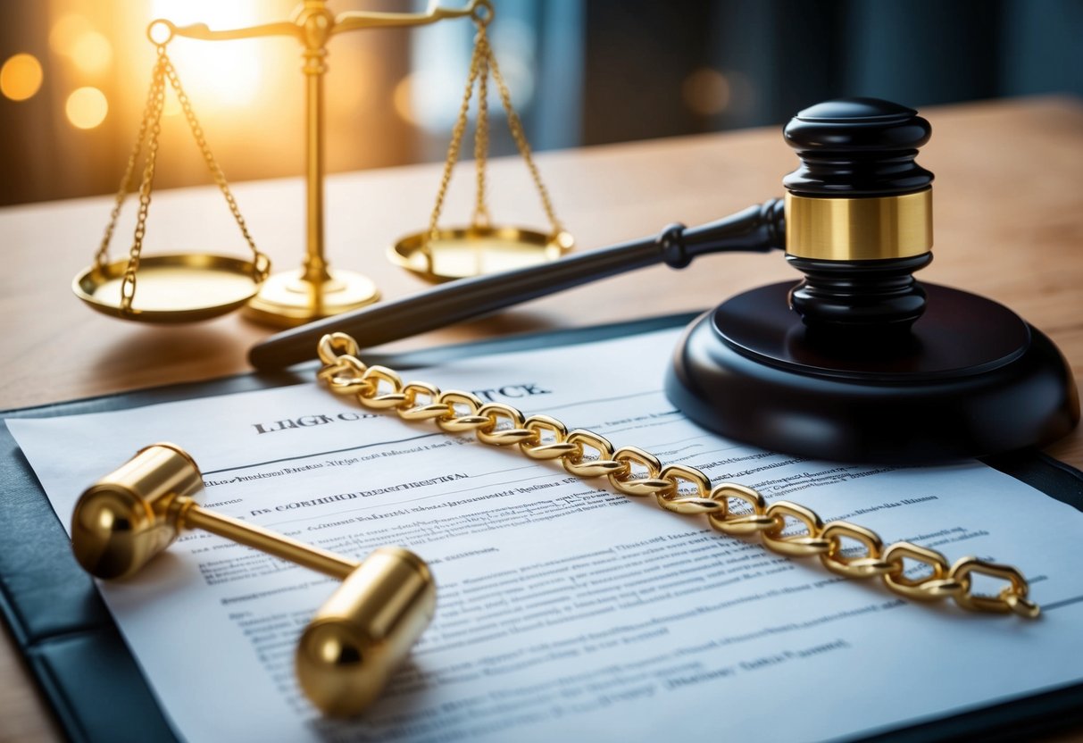 A gold chain rests on a legal document, surrounded by a gavel and scales of justice