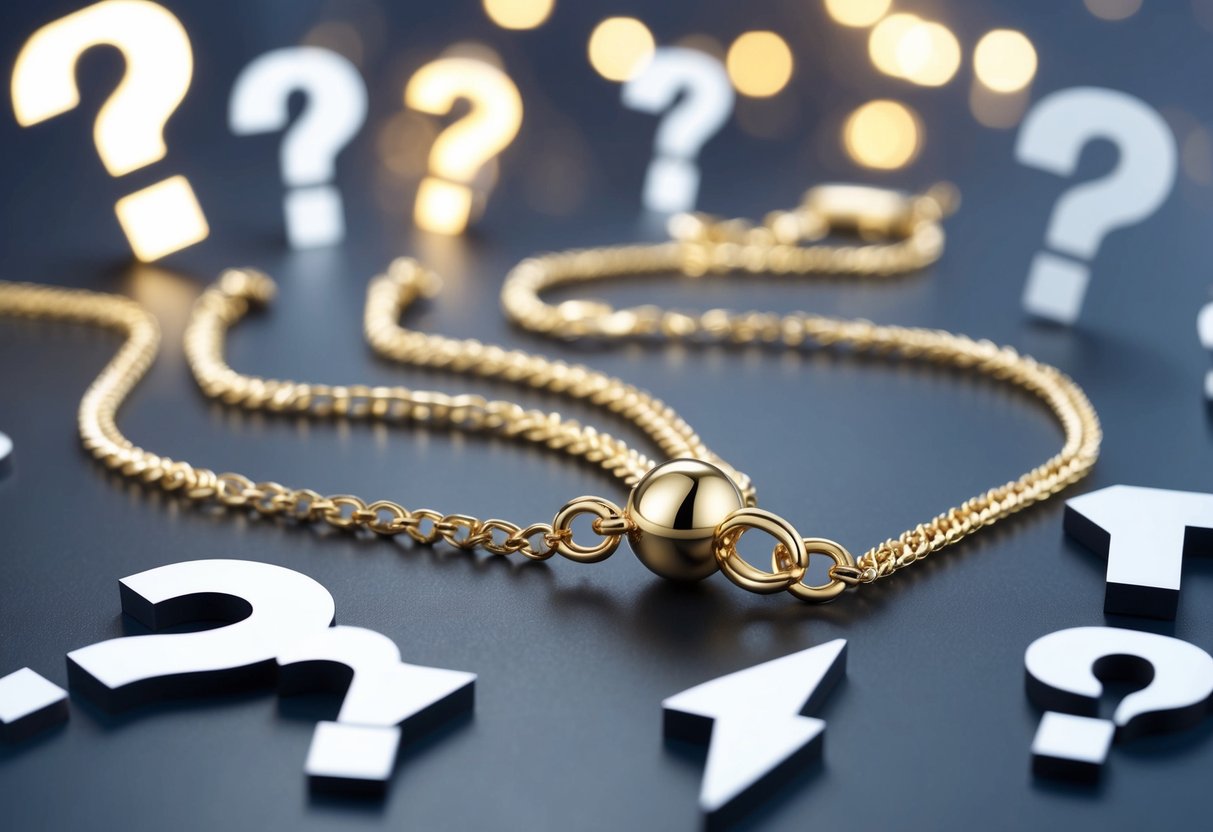 A shiny gold chain with a pendant, surrounded by question marks and exclamation points, symbolizing frequently asked questions