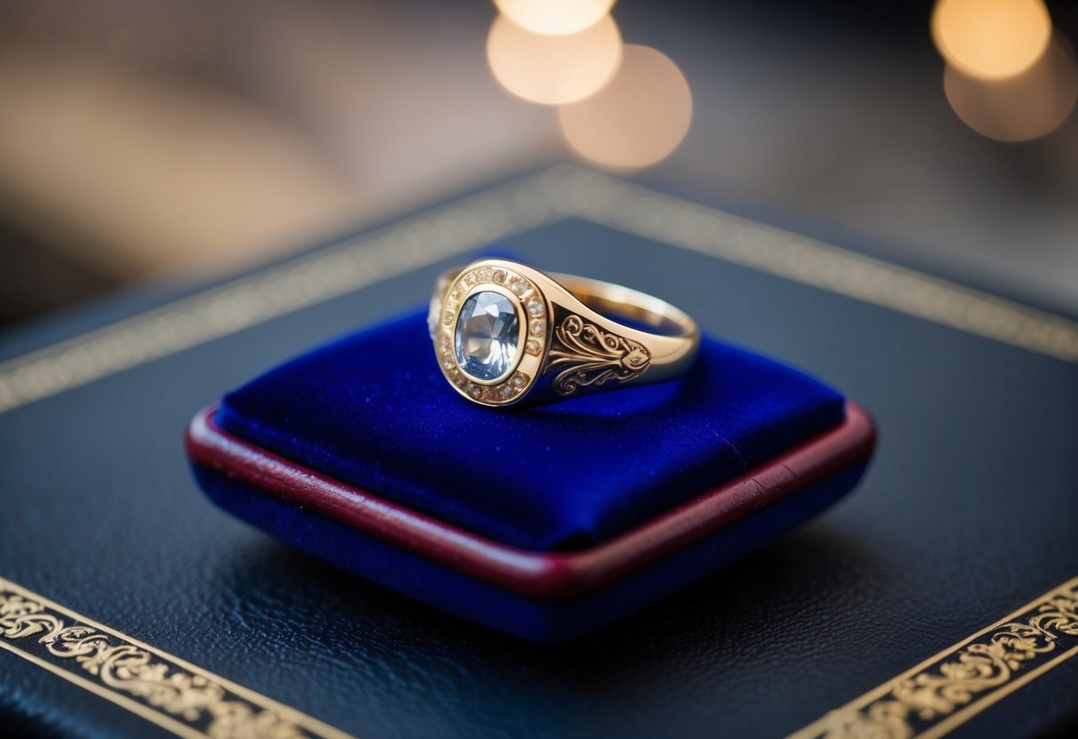 A signet ring resting on a velvet cushion, with ornate engravings and a gleaming gemstone