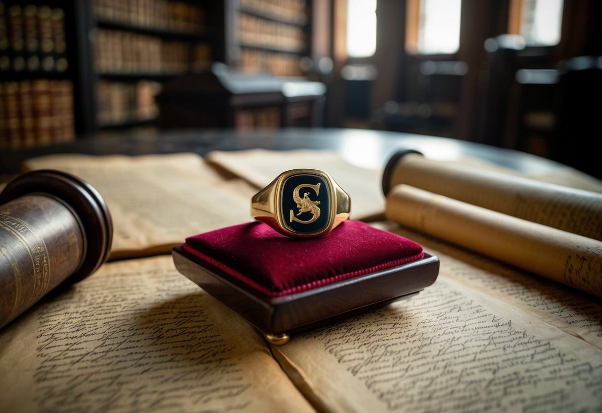 A signet ring rests on a velvet cushion, surrounded by antique documents and scrolls, in a dimly lit historical library