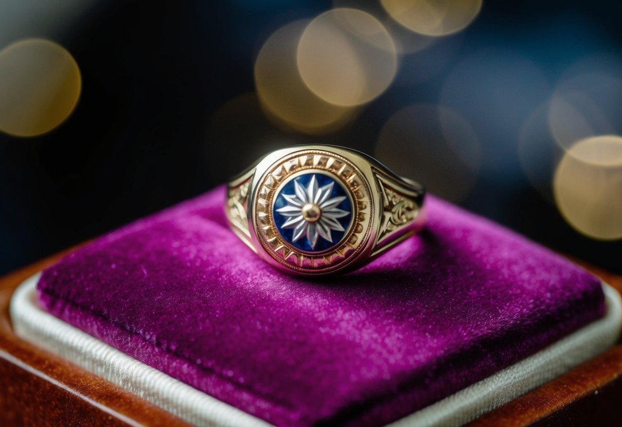 A close-up of a signet ring resting on a velvet cushion, showcasing intricate design and craftsmanship