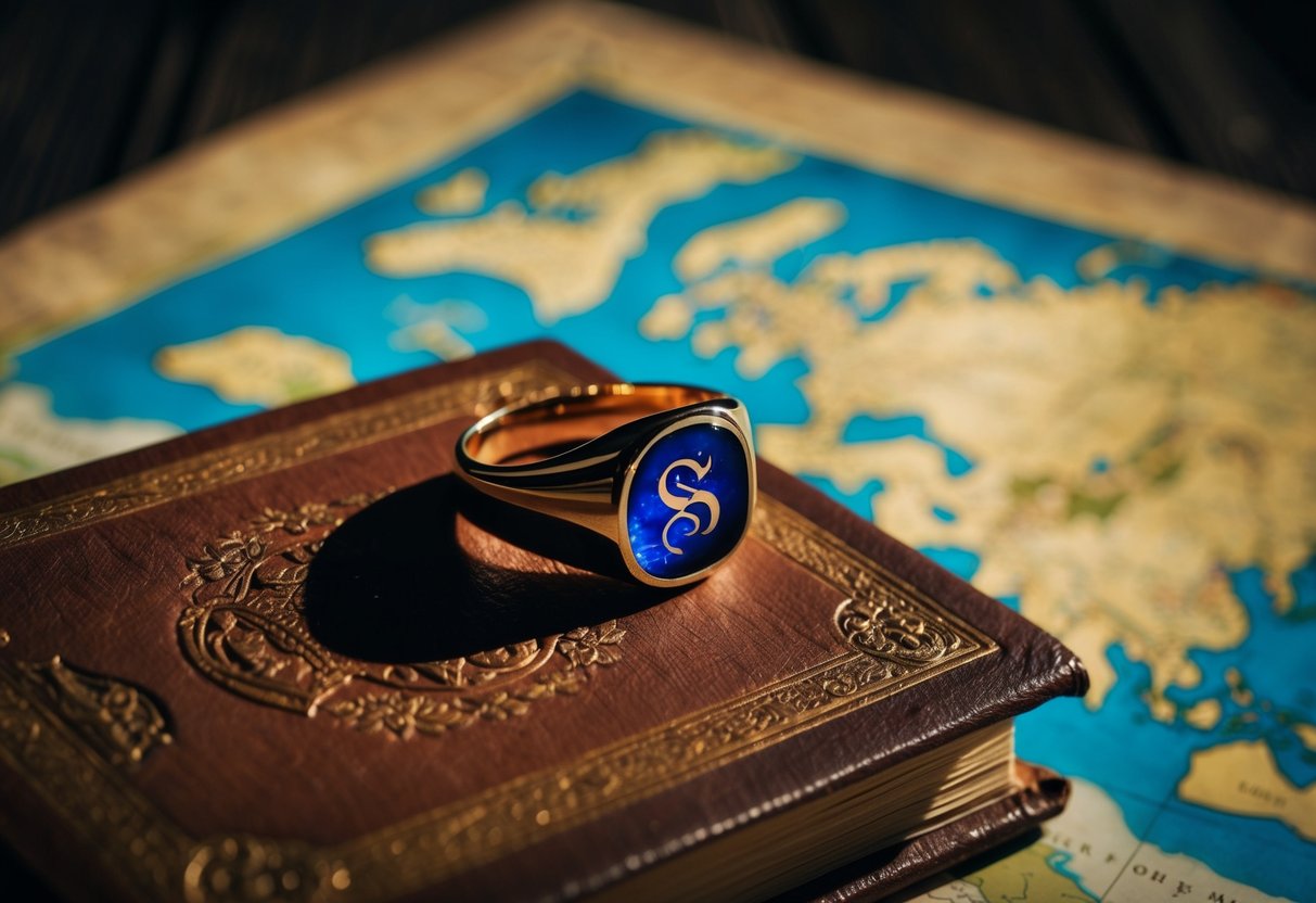 A signet ring resting on an ancient tome, casting a shadow over a map of a mystical land