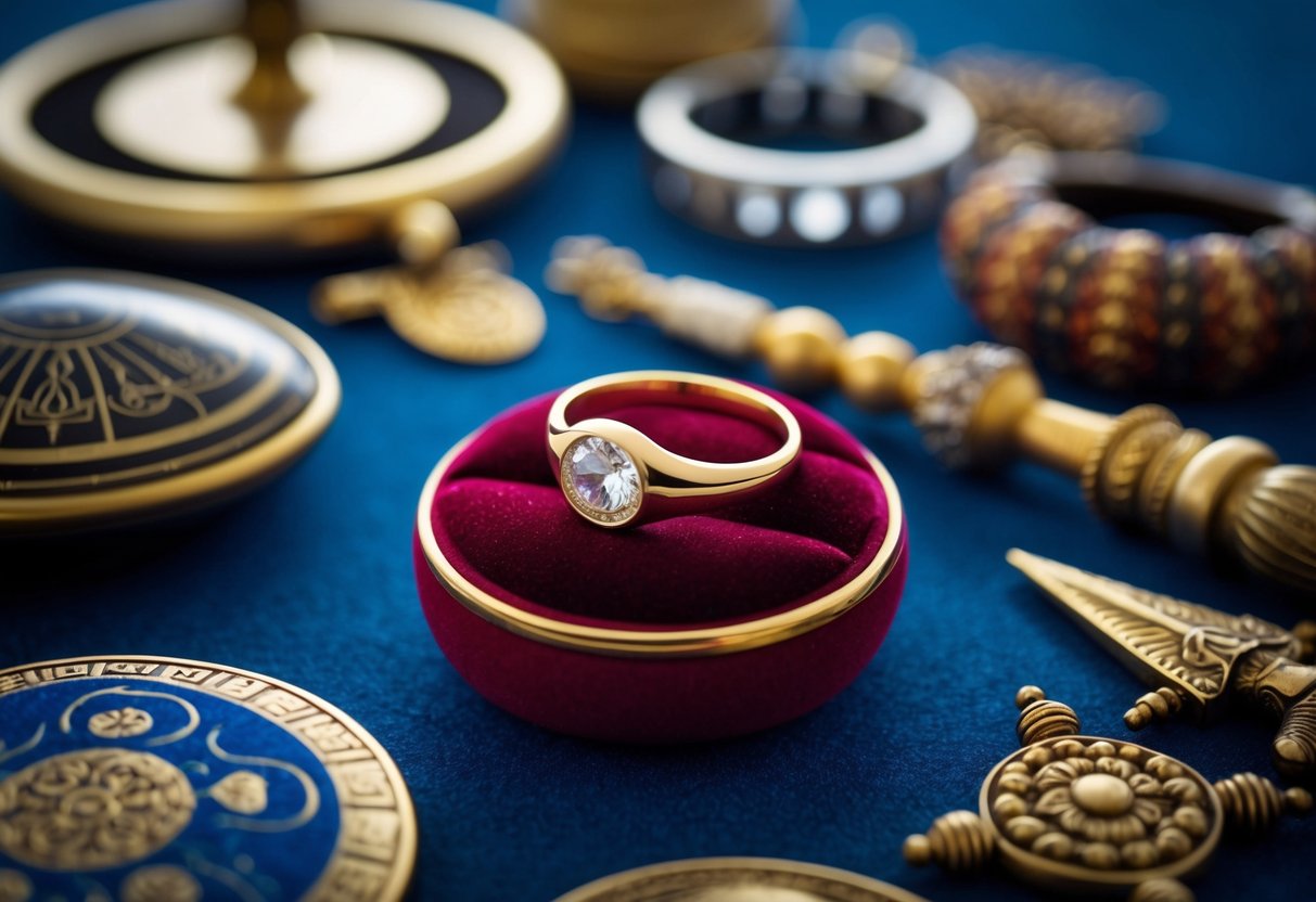 A signet ring rests on a velvet cushion, surrounded by artifacts from different cultures