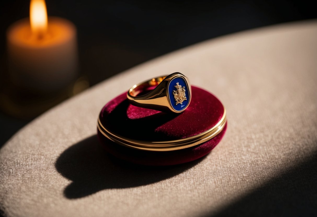 A signet ring resting on a velvet cushion, casting a regal shadow in the soft candlelight