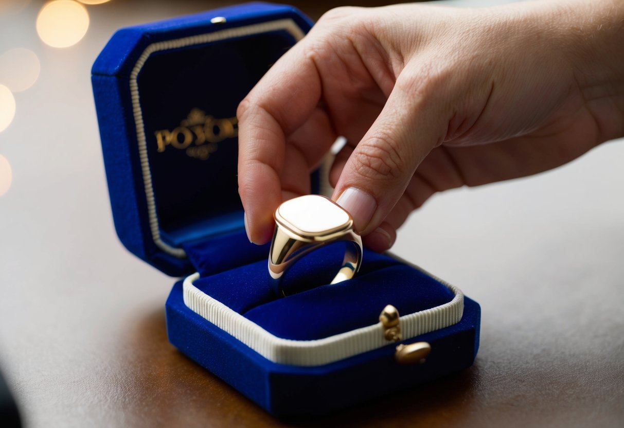 A signet ring being gently polished with a soft cloth, then carefully stored in a velvet-lined box