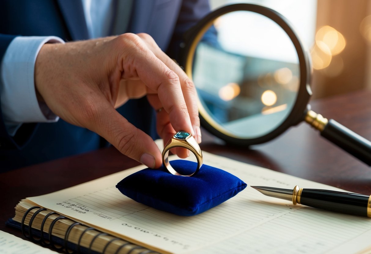 A hand places a signet ring on a velvet cushion, next to a magnifying glass and a ledger