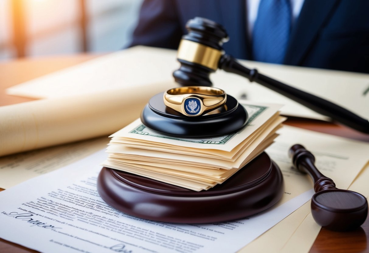 A signet ring sits atop a stack of legal documents, surrounded by ceremonial items like a gavel and a scroll