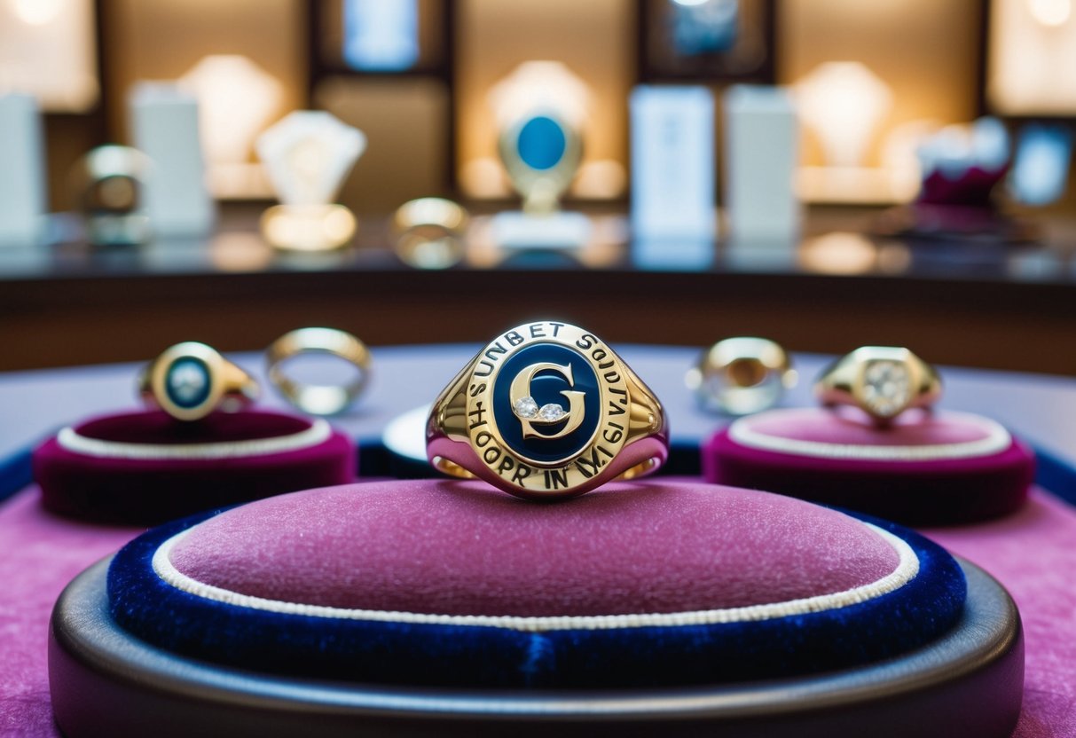 A signet ring with various customization and personalization options displayed on a velvet cushion in a well-lit jewelry store