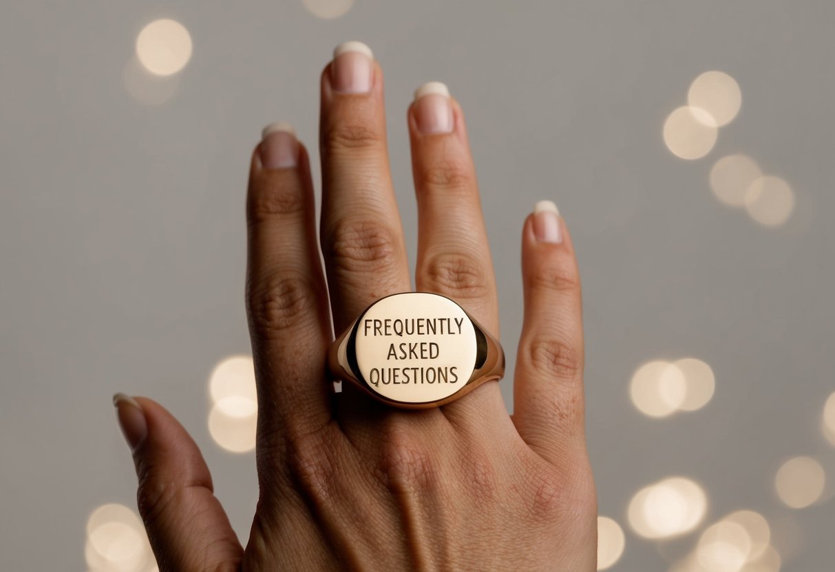 A hand holds a signet ring with the words "Frequently Asked Questions" engraved on the surface. The ring is displayed against a neutral background