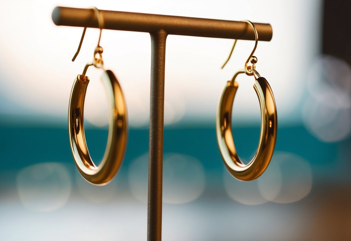 Two gold hoop earrings hanging from a jewelry stand