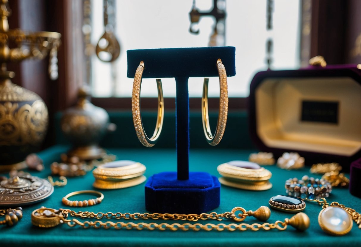 A pair of gold hoop earrings displayed on a velvet-lined jewelry stand, surrounded by antique jewelry and historical artifacts