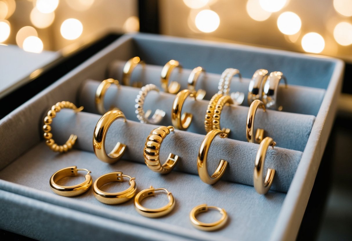 A collection of gold hoop earrings in various sizes and styles displayed on a velvet-lined tray with soft lighting