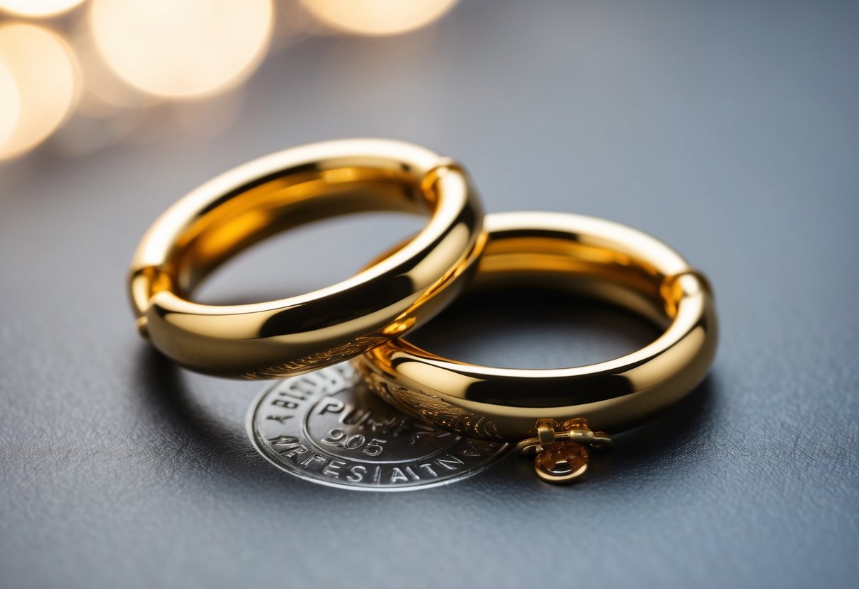 Shiny gold hoop earrings with a stamp indicating their purity