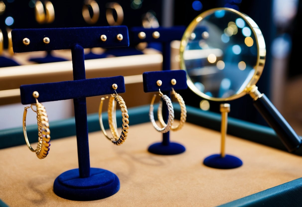 A collection of gold hoop earrings in various sizes arranged on a velvet display stand, with a magnifying glass nearby for closer examination