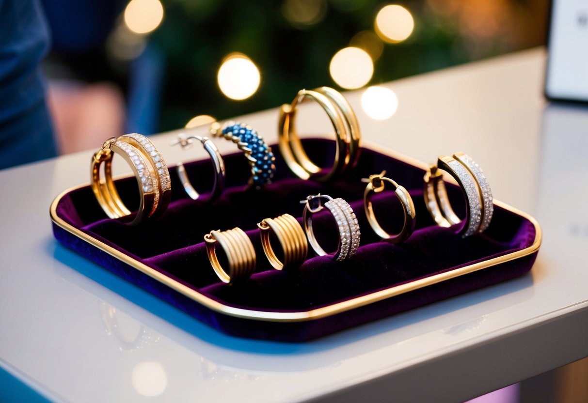 A table displaying various gold hoop earrings for different occasions, including casual, formal, and statement styles, arranged on a velvet-lined tray