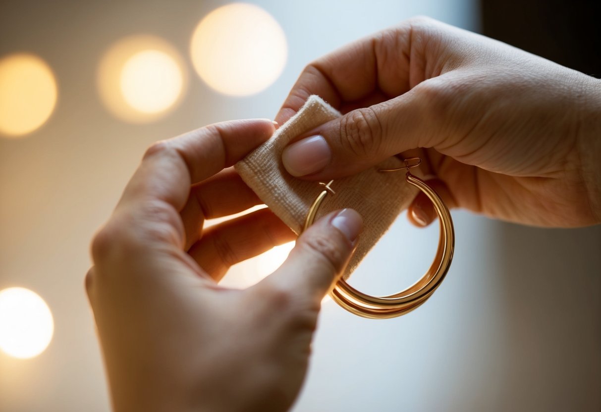 A delicate hand holding a polishing cloth, carefully cleaning a pair of gleaming gold hoop earrings. A soft, warm light illuminates the scene