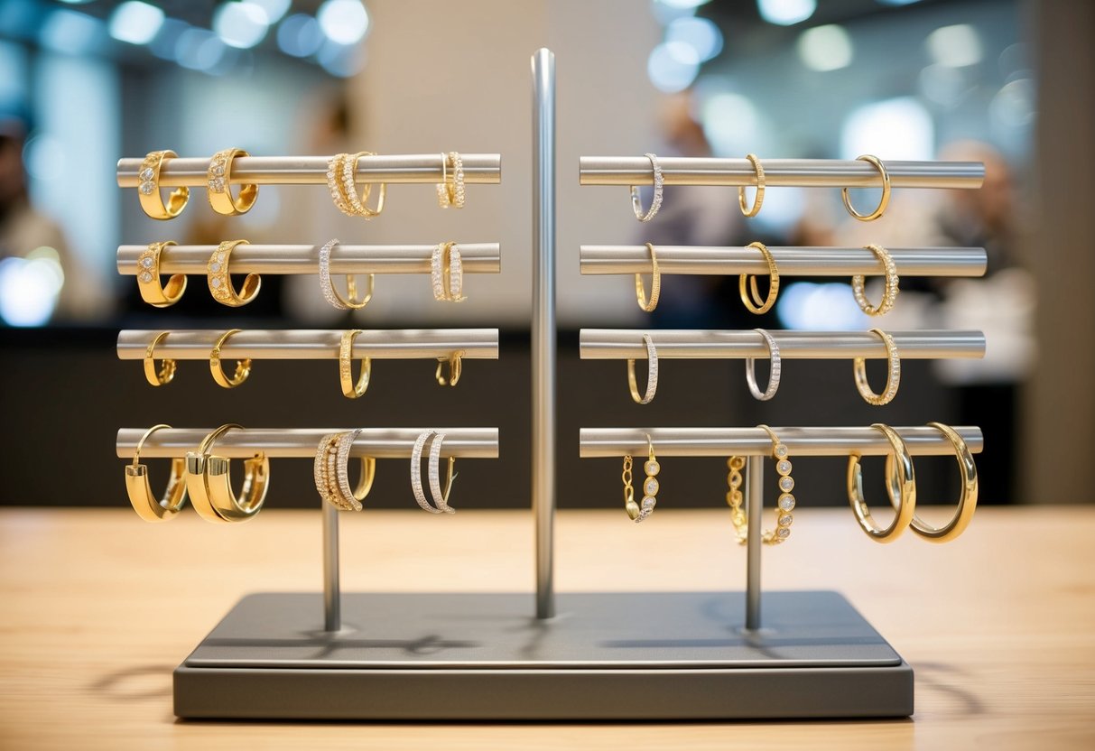 A display of various sizes and styles of gold hoop earrings arranged on a sleek, modern display stand